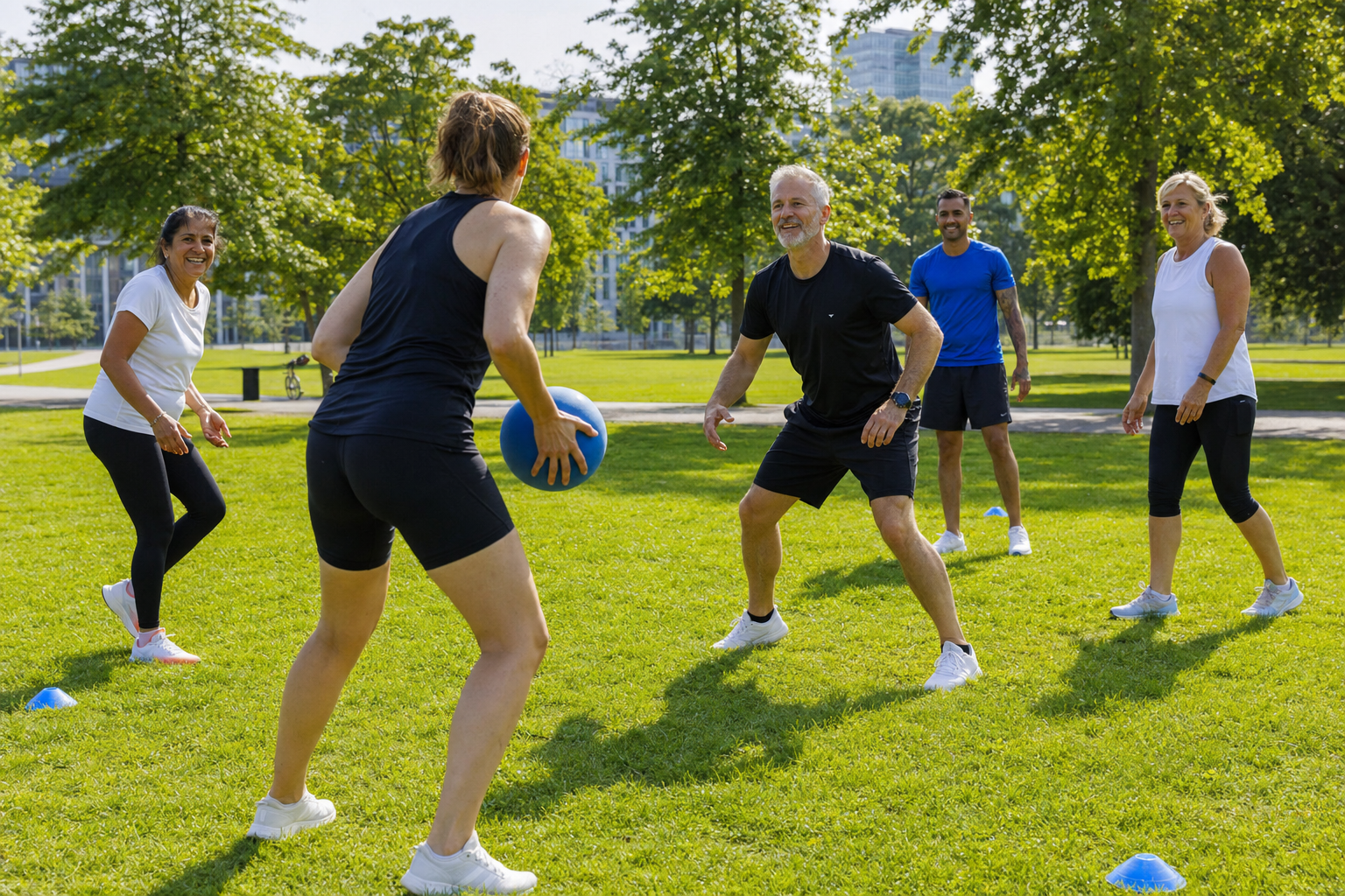 Vriendengroep speelt een werpspel met houten pionnen in een groen stadspark