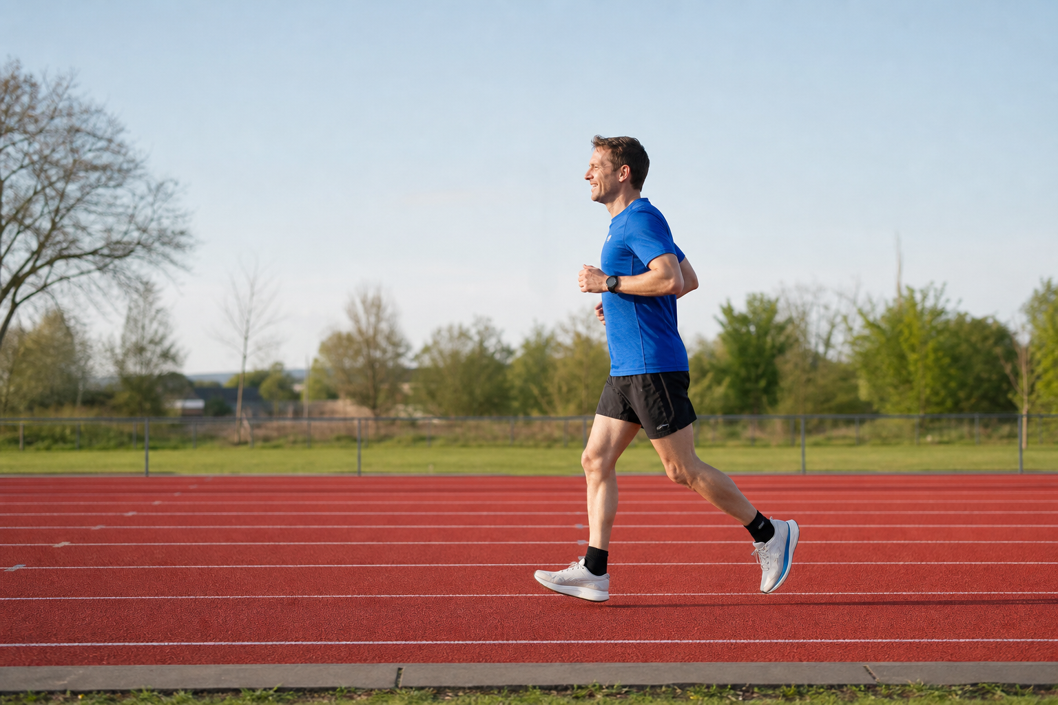 Hardloper in een blauw shirt loopt ontspannen over een atletiekbaan