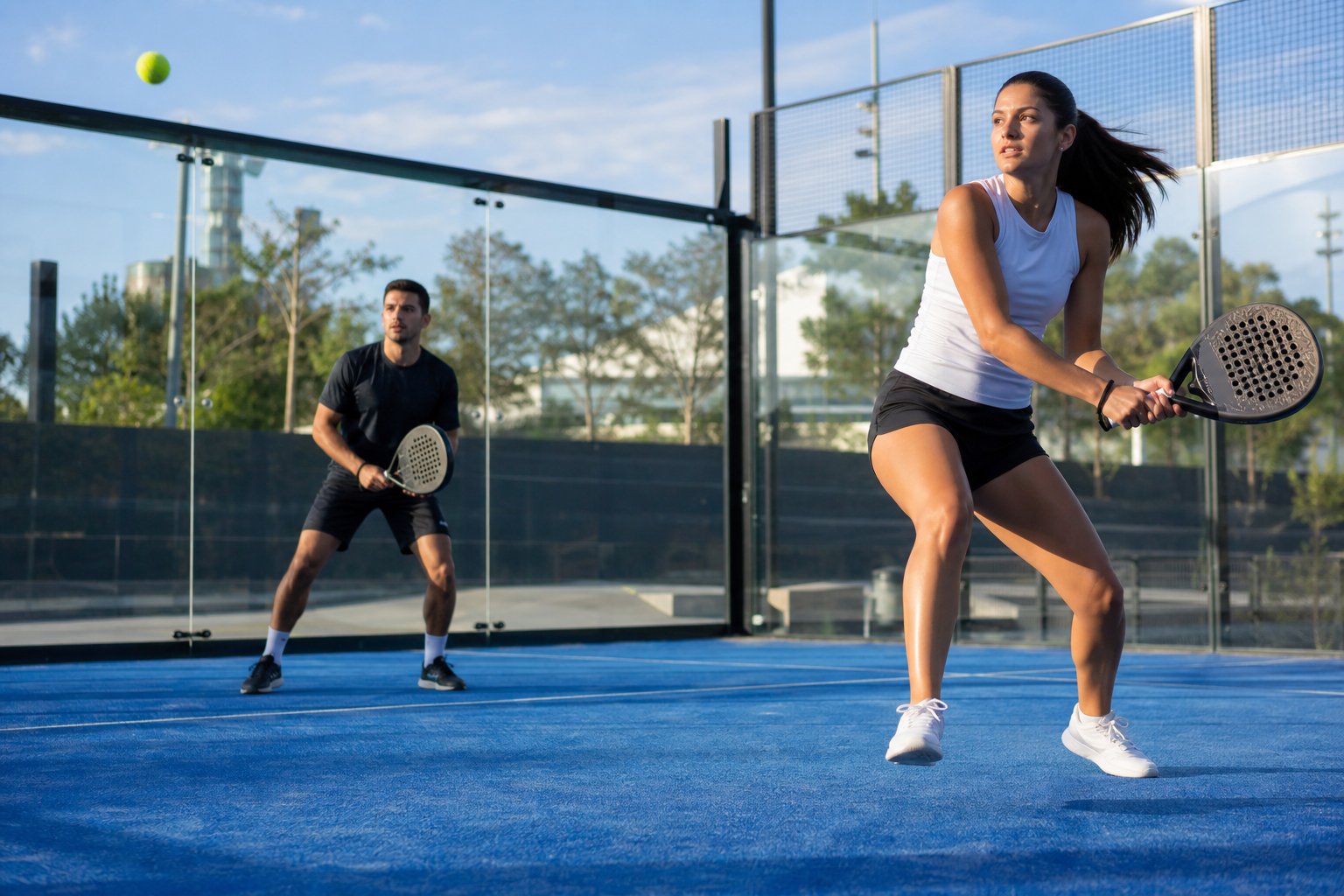 Twee padelspelers volgen de bal tijdens een rally op een blauwe buitenbaan