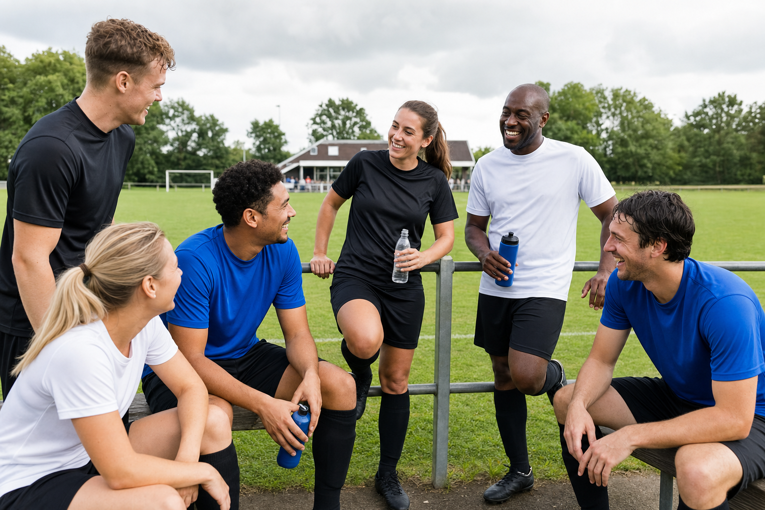Gemengd voetbalteam praat en lacht samen langs het veld na een wedstrijd